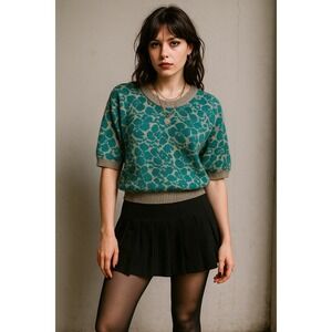Vintage Teal Floral Knit Sweater Indie Sleaze‎ Angora Blend Retro Mod 80s Y2K L